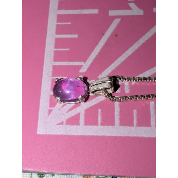 Vintage Sterling Silver Amethyst Cabochon Pendant Box Chain 16" Necklace - Picture 7 of 8
